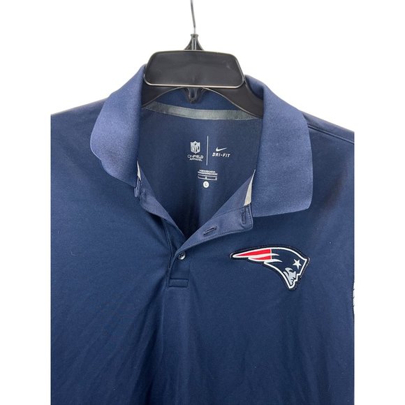 Nike Dri-Fit NFL Patriots Navy Polo Shirt Striped Sleeves Logos Mens L Golf - Picture 1 of 5